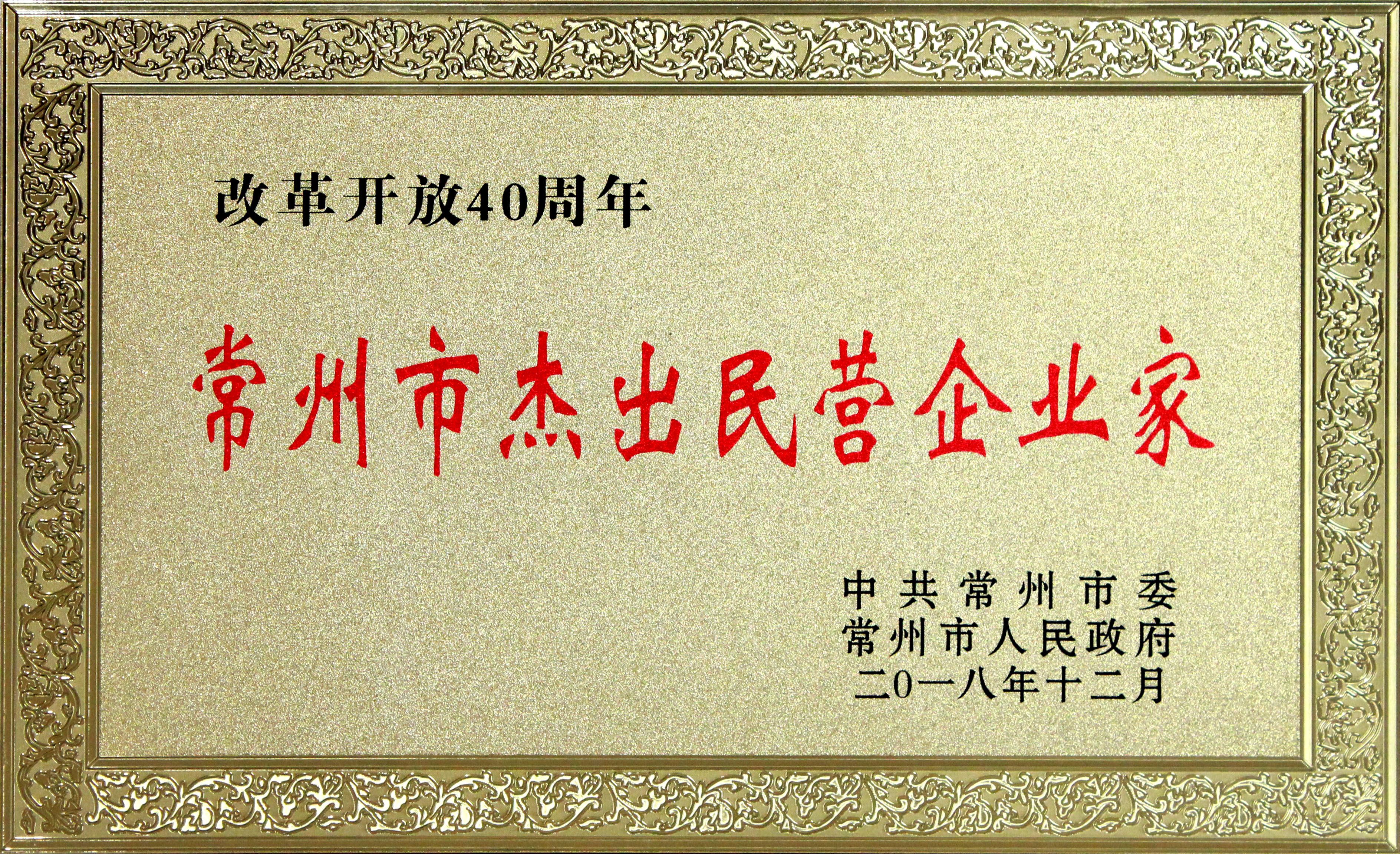 丁山华董事长获评改革开放40周年“常州市杰出民营企业家”